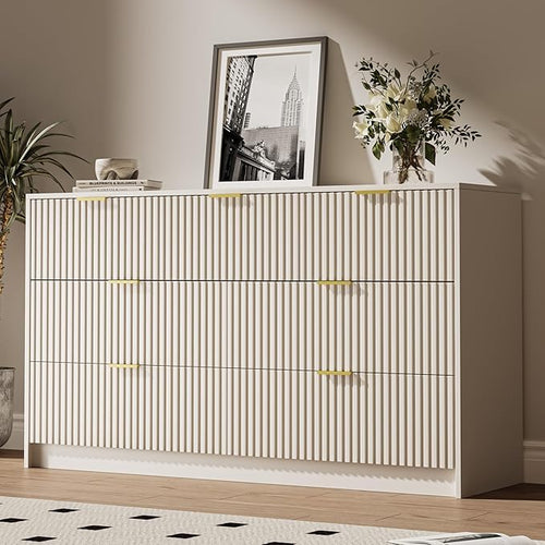 3-Piece Dresser Bedroom Set, 7 Drawer Dresser & 2 Drawer Nightstands with Gold Handles, Fluted Wood Chest of Drawers for Bedroom, Living Room, Entryway, Beige