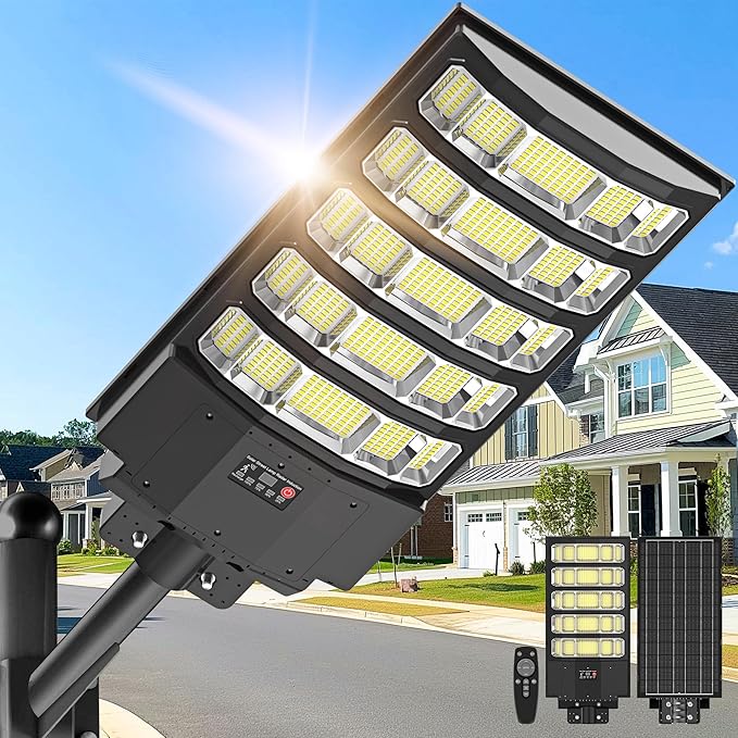 OKPRO Solar Street Lights Outdoor,10000W Solar Lights Outdoor Waterproof with Motion Sensor, IP66 Solar Security Flood Lights for Yard, Pathway, Parking Lot - 350° Wide Angle & Remote Control Included