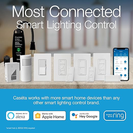 Lutron Diva Smart Dimmer Light Switch for Caseta Lighting (Lutron Smart Hub Required), for LED Lights, 150W, Single-Pole/3-Way, No Neutral, White, 3 Pack (DVRF-6LS-WH-3)