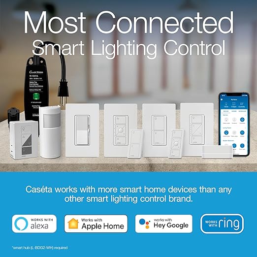 Lutron Diva Smart Dimmer Light Switch for Caseta Lighting (Lutron Smart Hub Required), for LED Lights, 150W, Single-Pole/3-Way, No Neutral, White, 9 Pack