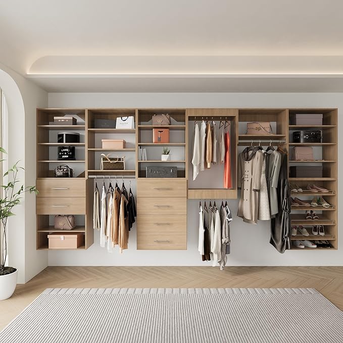 Medium Double Hanging Closet Unit, Modular System Organizer With Storage for Walk In Closets, Clothing Rack for Hanging Clothes, Bedroom, Wood, 25.5"W