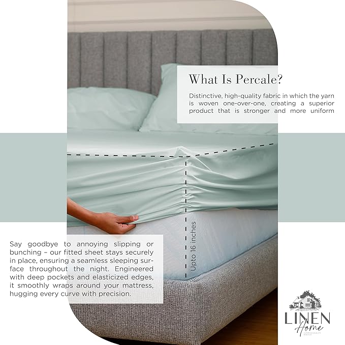 Linen Home 100% Cotton Percale Sheets Queen Size, Pastel Turk, Deep Pocket, 4 Pieces Set - 1 Flat, 1 Deep Pocket Fitted Sheet and 2 Pillowcases, Crisp Cool and Strong Bed Linen