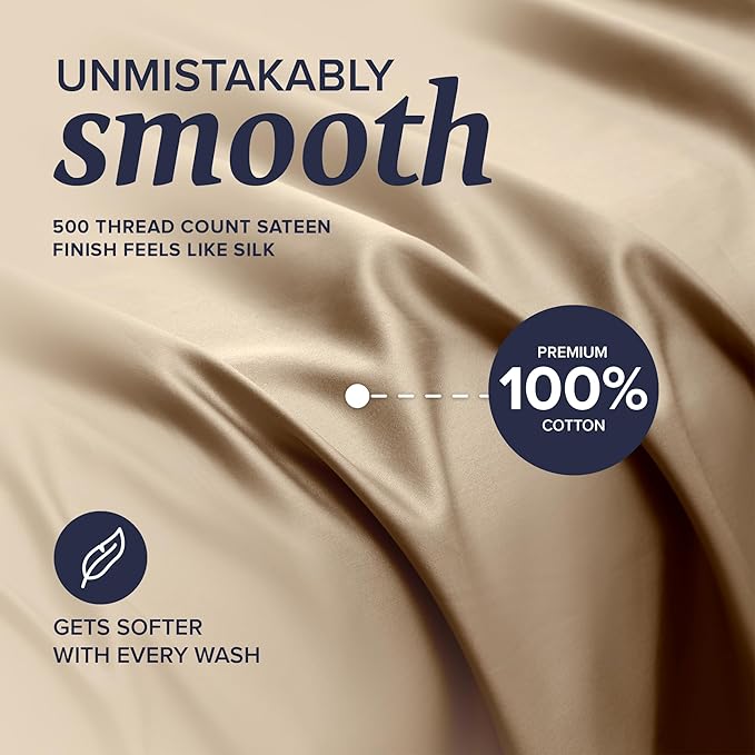 Beckham Hotel Collection Twin Sheet Set 100% Cotton, 500TC Luxury Sateen Bedding, 16” Deep Pocket, Moisture-Wicking, 3-Piece, Sand