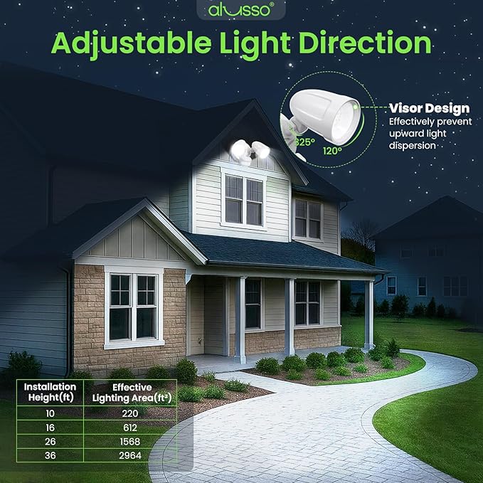 ALUSSO Motion Sensor Outdoor Lights Metal Heads, 30W Flood Lights Outdoor 3600LM, 3 Modes Dusk to Dawn/Auto/On Time, 3000K 4000K 6500K Adjustable, Hardwired Security Light ETL Listed, White 1PC
