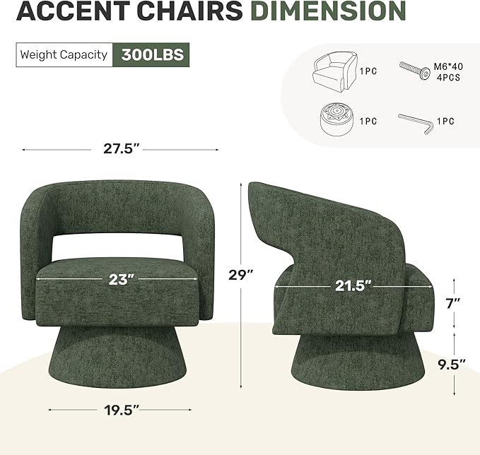 Swivel Accent Chair Set of 2, Modern Comfy Chenille Barrel Chairs, Oversized Upholstered Round Arm Chair for Living Room, Bedroom, Reading Room, Green