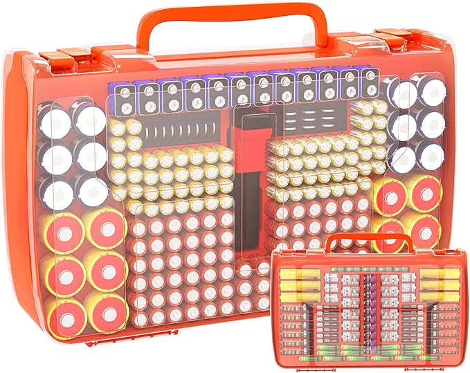 Aptbyte Battery Organizer Storage Holder Box Case with Tester- 269 Batteries Double-Sided Variety Pack, Holds AA AAA 4A C D Cell 9V 3V Lithium LR44 CR2 CR123 CR1632 18650 Button- Orange (Box Only)
