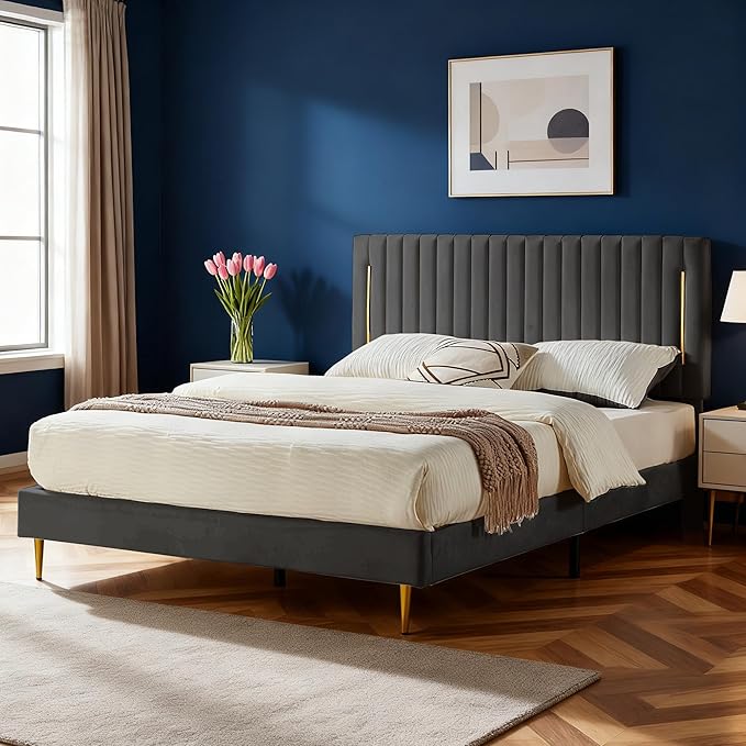 Full Platform Bed Frame, Velvet Upholstered Bedframe with Vertical Channel Adjustable Headboard, Golden Plating Trim, Mattress Foundation with Wooden Slats, No Box Spring Needed, Grey