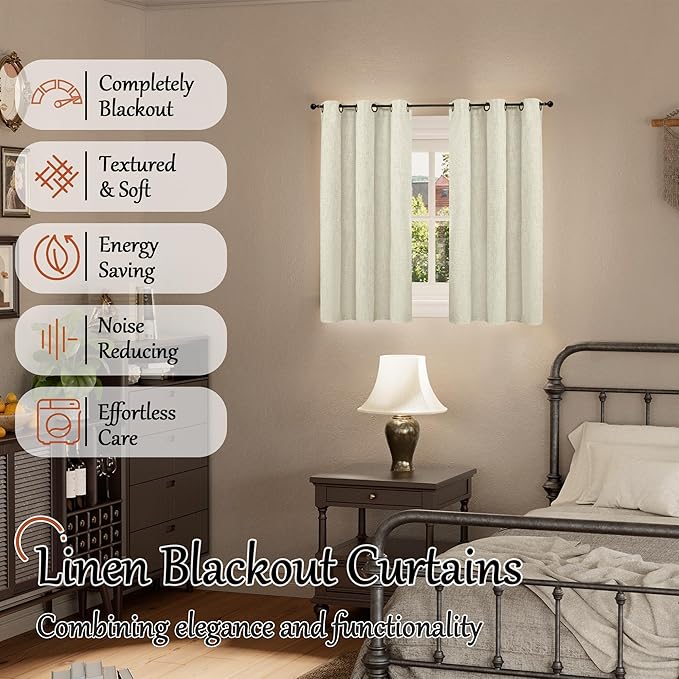 45 Inch Length Linen Blackout Curtains for Short Cafe Window, Thermal Insulated Light Blocking Soundproof Privacy Burlap Curtains 2 Panels, Each 38 Inch Wide Natural