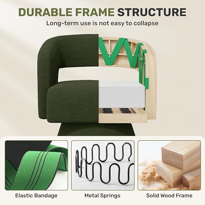 Swivel Accent Chair Set of 2, Modern Comfy Teddy Barrel Chairs, Oversized Upholstered Round Arm Chair for Living Room, Bedroom, Reading Room, Green