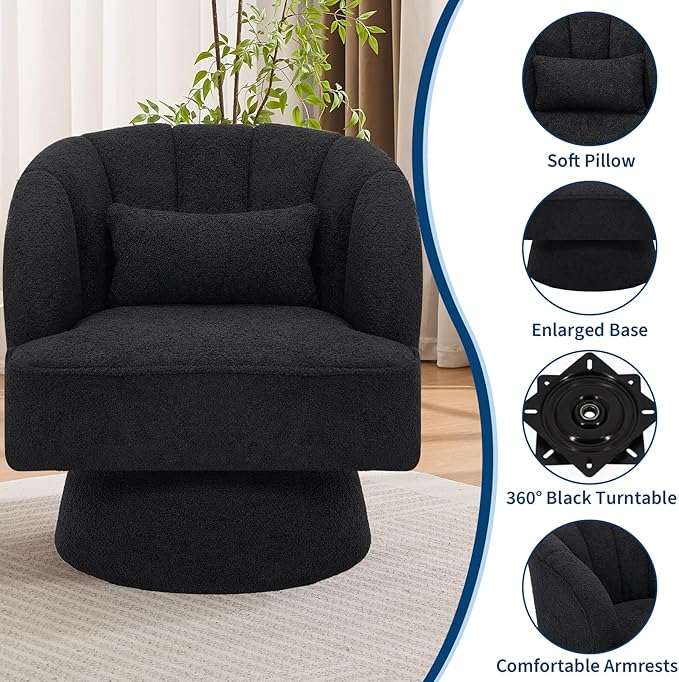 GarveeHome Modern Swivel Barrel Accent Chair, 360° Teddy Fabric Upholstered Armchair with Striped Backrest & Plush Padding, Comfy Round Lounge Chair for Living Room, Bedroom, Reading Nook, Black