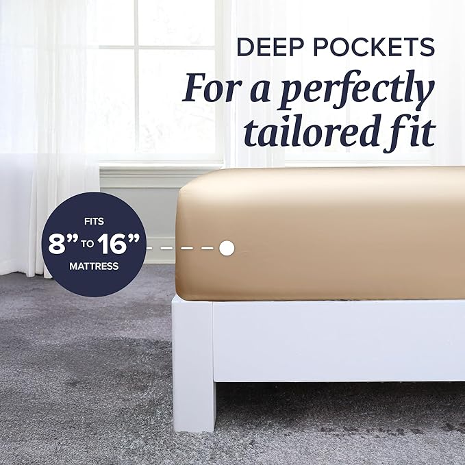 Beckham Hotel Collection Twin Sheet Set 100% Cotton, 500TC Luxury Sateen Bedding, 16” Deep Pocket, Moisture-Wicking, 3-Piece, Sand