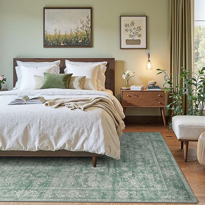 jinchan 8x10 Machine Washable Area Rugs for Living Room – Vintage Floral Soft Stain Resistant Low Pile Rug, Non Slip Ultra-Thin Carpet for Bedroom, Dining Room, Home Office, Nursery (8'x10', Green)