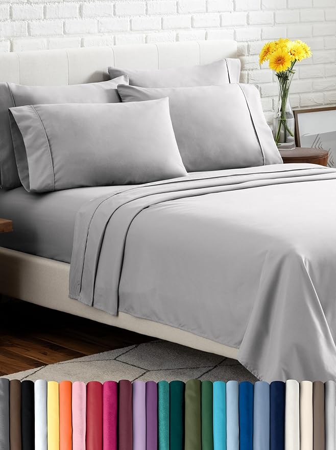 Bare Home Hotel Luxury Full Sheet Set, Extra Soft - 6 Piece Set - Deep Pockets - Easy Fit - Cooling & Breathable - Wrinkle, Fade, Stain Resistant - Includes 4 Pillowcases (Full, Light Grey)
