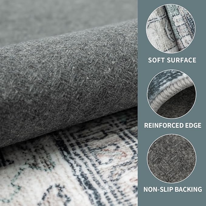 6x9 Vintage Washable Area Rug for Living Room,Low Pile Non Slip Carpet Non-Shedding Area Rug Soft Indoor Stain Resistant Rug Boho Print Mat for Bedroom Dining Room Blue Beige Multi