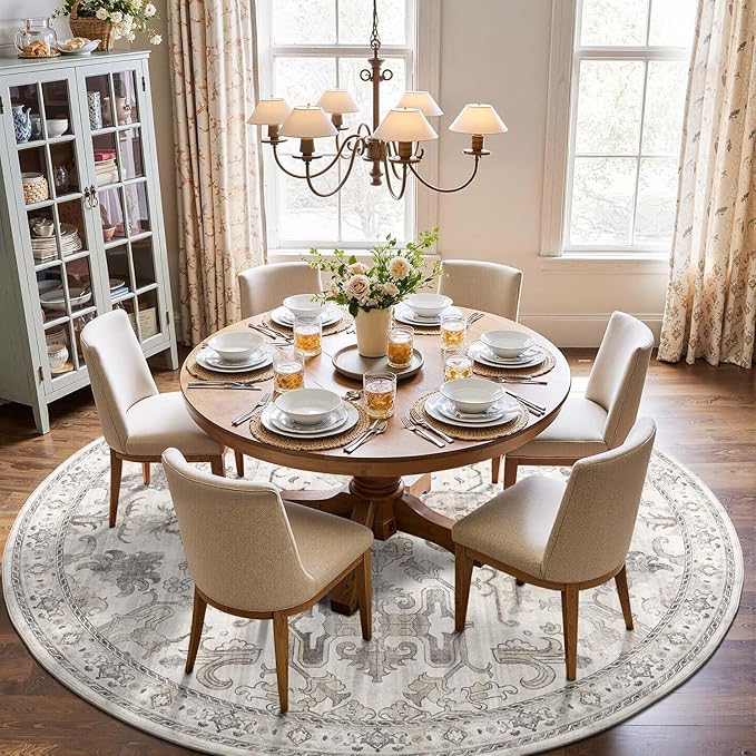 jinchan Round Rug 7ft Area Rug Vintage Floor Mat Kitchen Indoor Ultra-Thin Soft Floral Print Washable Circle 7' Accent for Farmhouse Non Slip Dining Room Living Room Bedroom Office Taupe
