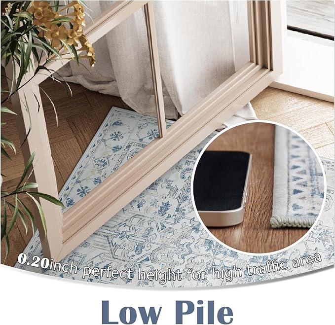 jinchan Lima 2x3 Washable Rug for Entryway - Vintage Floral Ultra-Thin Low Pile Soft Small Non Slip Distressed Indoor Door mat Accent Area Rug for Entrance Kitchen Bathroom Bedroom (2x3ft, Blue)