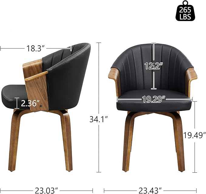Art Leon Desk Chair No Wheels, Mid Century Modern Swivel Accent Chair, Faux Leather Home Office Desk Chair with Wood Legs for Living Room Bedroom Study, Black/Walnut