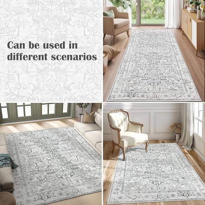 jinchan Lima Runner Rug 2x5 - Vintage Hallway Machine Washable Rug Floral Non Slip with Rubber Backing Ultra-Thin Carpet Runner for Kitchen Bedroom Laundry Room Farmhouse Entryway (2x5ft, Grey)