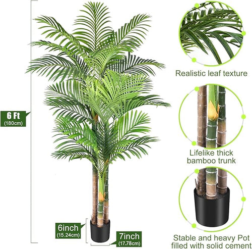 6ft Tall Triple Golden Cane Palm Artificial Tree 72inch Large Tropical Palm Tree UV Resistant Fake Plant in Pot for Indoor Outdoor Big House Living Room Outside Patio Office Home Decor 2Pack