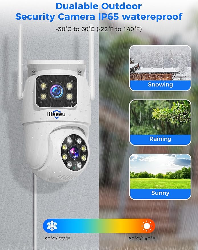 Hiseeu WiFi Security Camera Dual Lens 5G/2.4G WiFi PTZ Camera Outdoor,Power Cord,IP65 Waterproof Motion Tracking,Color Night Version, No-Monthly Fees