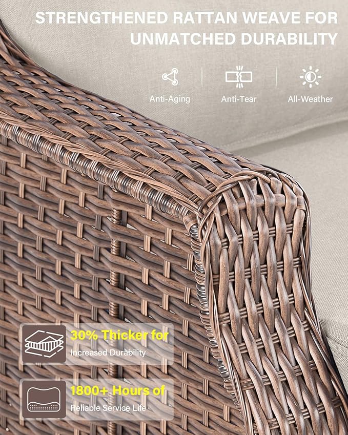 Belord Luxurious 7 Piece Patio Furniture Set with Fire Pit Table, High Back Wicker Swivel Rocker Glider Outdoor Chairs with 6" Cushion, All-Weather Patio Conversation Set for Yard Garden - Brown/Beige