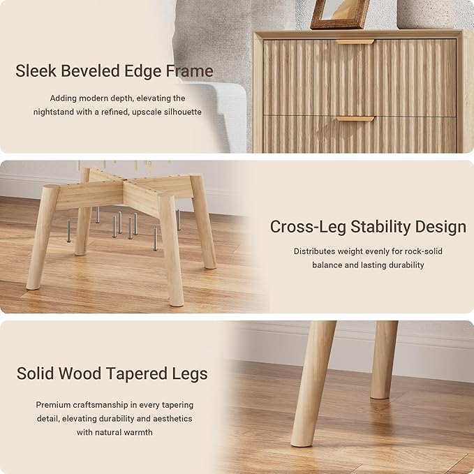 Fluted Nightstand, Night Stand Set 2, Modern Nightstands Set of 2 with Beveled Edge & Solid Wood Legs, 2 Drawer End Table with Charging Station, Wooden Bedside Table for Bedroom,Natural Oak