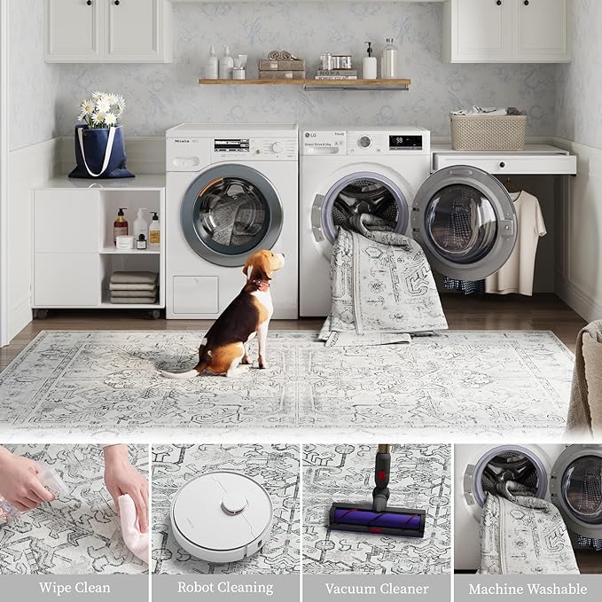 jinchan Lima Kitchen Runner Rug 2x8 - Vintage Floral Machine Washable Non-Slip Hallway Runner Rug with Rubber Backing Ultra-Thin Carpet for Bedroom Laundry Room Farmhouse (2x8ft, Grey)