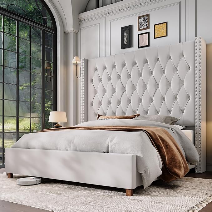 Jocisland California King Bed Frame with 61.4" Tall Wingback Headboard, Velvet Upholstered Platform Bed, Handcrafted Pleats& Deep Button Tufted, Solid Wood Legs, No Box Spring Required, Cream
