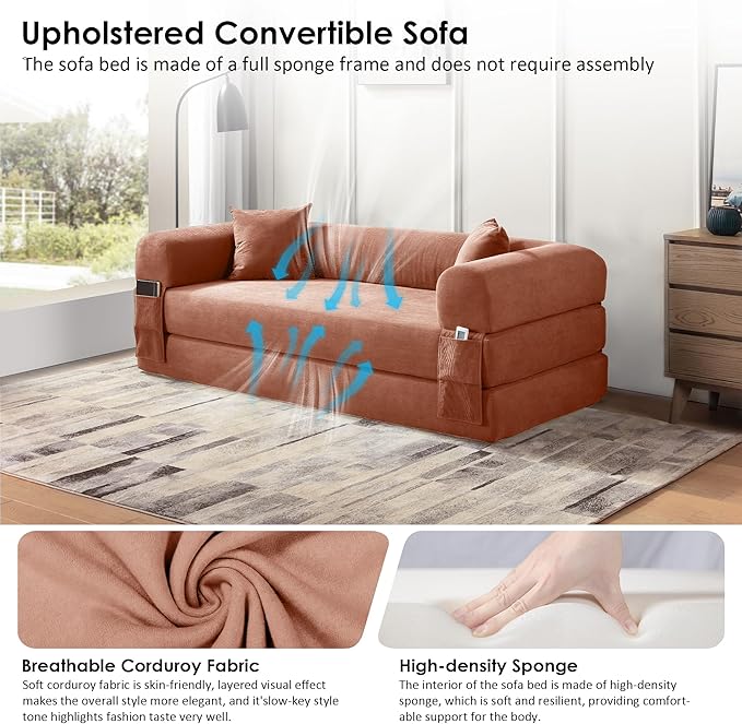 80" Convertible Sofa Bed, Corduroy Deep Seat Folding Pull Out Couch with Pillows, No Assembly Modern Boneless Couch Compression Sofa in Box, Floor Sofa with Storage Pocket for Living Room,Pink