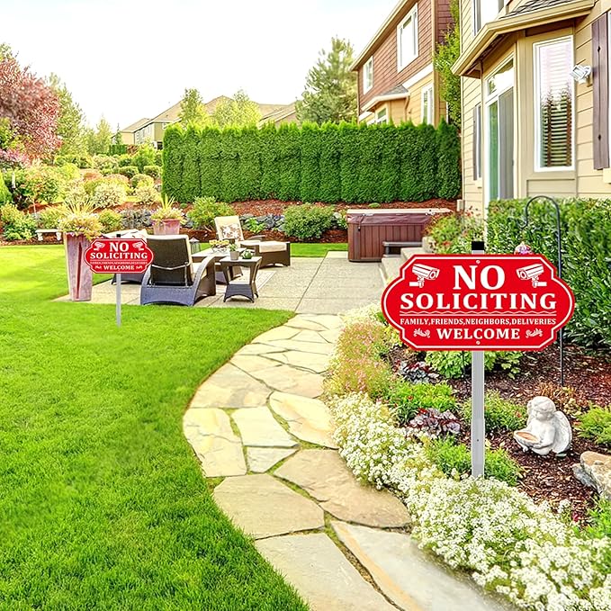 No Soliciting Sign for House, No Soliciting Signs for Front Door with Long Stake, Heavy Duty Aluminum Yard Signs UV Protected Weather Resistant and Easy Install for Lawns Garden (14x7 inches Red)