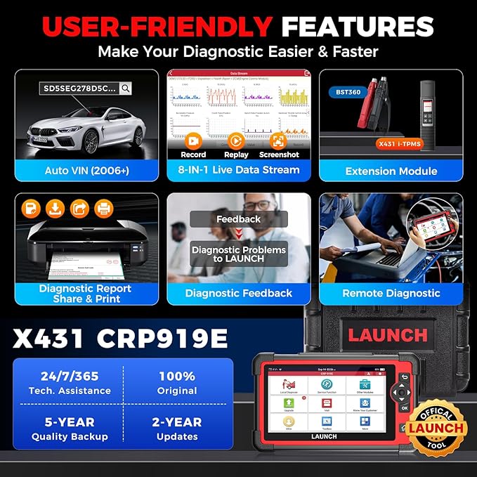 LAUNCH X431 CRP919E OBD2 Scanner, 2026 Bidirectional Scan Tool as CRP919EBT, CANFD/DoIP/FCA SGW, ECU Code, 35+ Service, Active Tests, All-in-One Full System Diagnosis, BST360 & i-TPMS, 2 Year Update