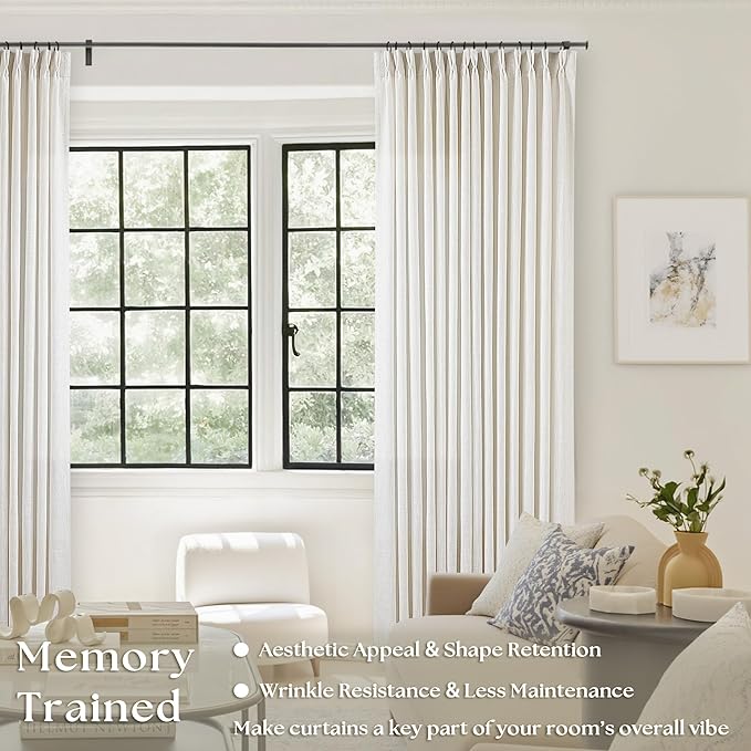 Neutral Pinch Pleated 86 Inch Curtains Semi Sheer Linen Blended Light Filtering Window Curtains 86 Inches Long for Living Room Bedroom Boho Cream Birch Pinch Pleat Drapes Rings Hooks 2 Panels Set