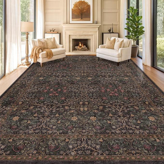 Washable Area Rugs 9x12 Living Room - Dark Brown Large Rug for Dining Room Under Table, Bedroom, Soft Low Pile Non-Slip Stain Resistant Carpet - Vintage Floral Plant Design