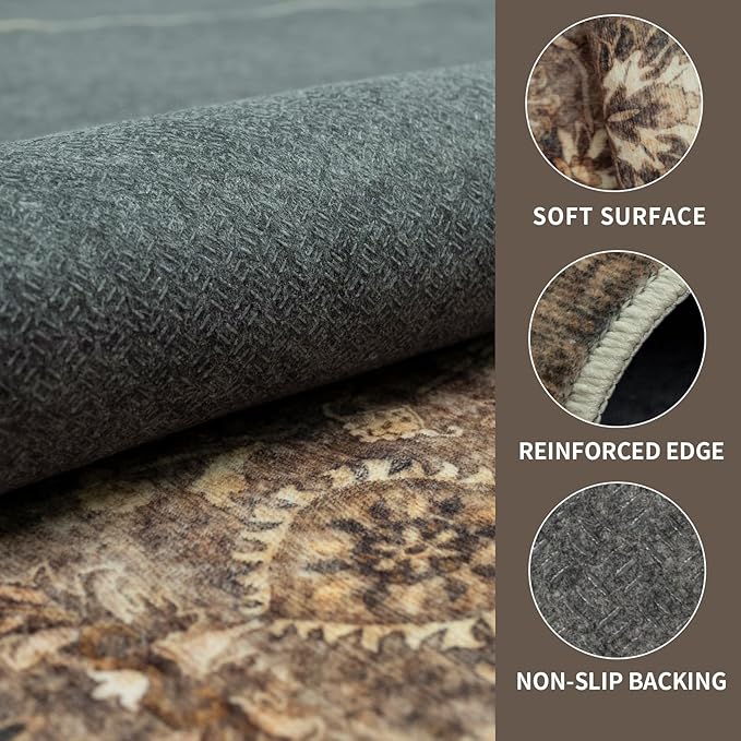 3x5 Vintage Washable Area Rug for Living Room,Low Pile Non Slip Carpet Non-Shedding Small Area Rug Soft Indoor Stain Resistant Rug Floral Print Mat for Bedroom Dining Room Brown Floral