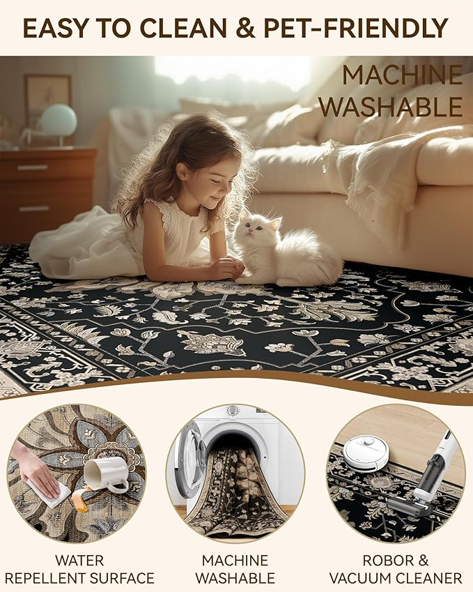 Area Rugs 8ft Washable Non-Slip, Floral Vintage Distress Print Pattern Medallion Carpet for Living Room Bedroom Dining Room, Black Brown Neutral Dark Tan