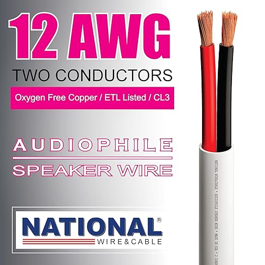 NATIONAL Wire&Cable - 12/2 Audiophile Speaker Wire (25 Feet) 12AWG Gauge - Made in USA - in Wall Audio Speaker Wire Cable/CL Rated/ETL Listed / 2 Conductors - OFC Oxygen-Free Copper, White 25ft