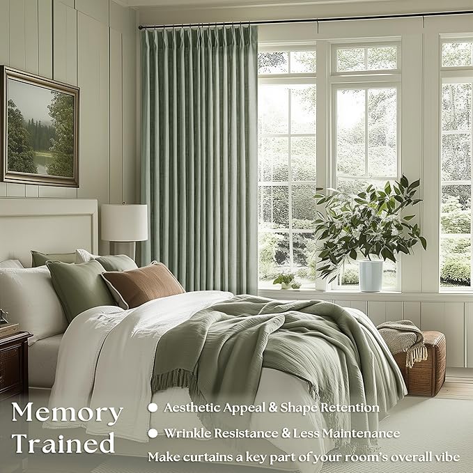 Pinch Pleated Green Linen Curtains 96 Inches Long for Living Room Bedroom Light Filtering Boho Window Drape 96 inch 2 Panels with Hooks Rings 8ft Sage Green Sliding Glass Door Semi Sheer Curtain