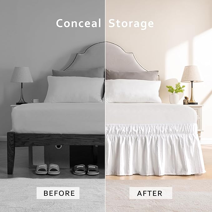 MIYE Striped Tufted Bed Skirt - Wrap Around Dust Ruffle with Elastic Belts - 12.5 Inch Drop Easy to Put On - Bedskirt Machine Washable ＆ Wrinkle Resistant(Striped/White, King/Queen-12.5" Drop)