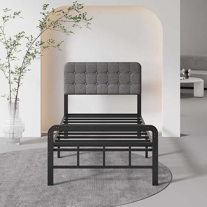 12 Inch Twin Bed Frames with Upholstered Headboard and Metal Footboard, No Box Spring Needed, Heavy Duty Twin Metal Mattress Foundation, Noise Free, Easy Assembly
