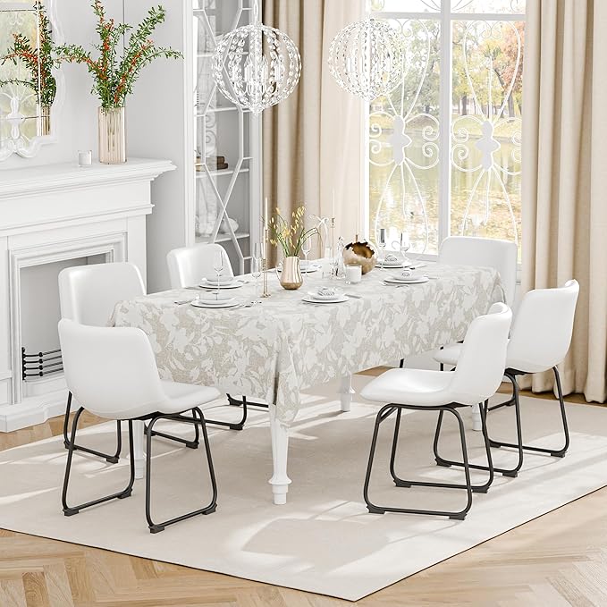 Dining Chairs Set of 8, 18 Inch Modern Armless Dining Chair with Back, Faux Leather Kitchen Dining Room Chair with Metal Legs for Home, Bistro Coffee Shops (White)