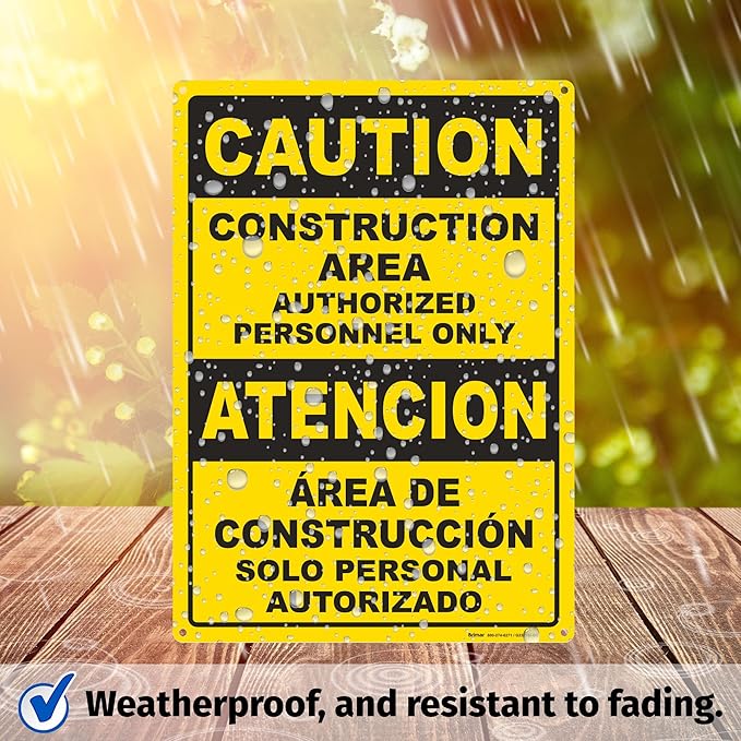 Brimar - 10" x 14" - Bilingual Caution Construction Area Authorized Only Sign - .055″ Polyethylene Plastic - Bilingual Design - Easy Installation