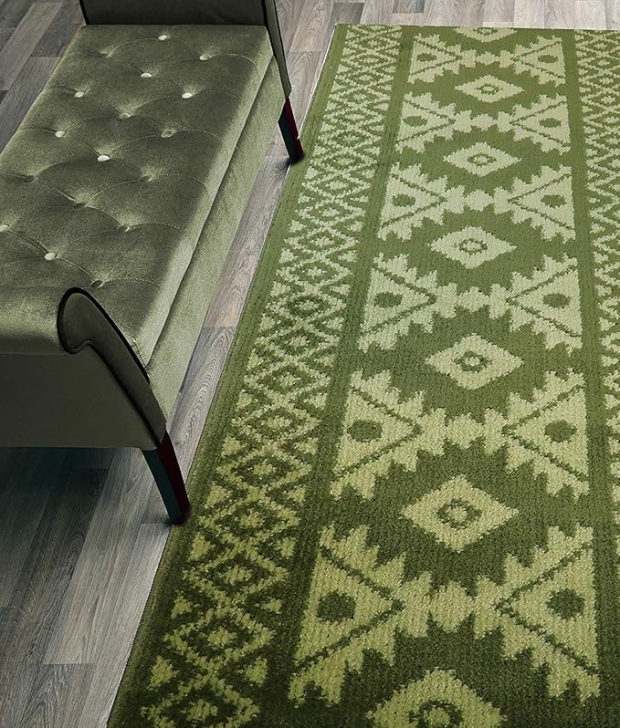 Custom Length Hallway Runner Rug,Slip Resistant,Southwestern Green, 26 Inch X 25 feet, Sold and Priced Per Foot