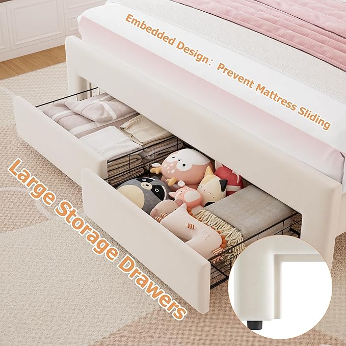 Velvet Upholstered Queen LED Bed Frame with 2 Storage Drawers and Adjustable Chic Double Wavy Headboard, Princess Platform Bed with Charing Station, Solid Wood Slats Support,No Box Spring Needed,Beige