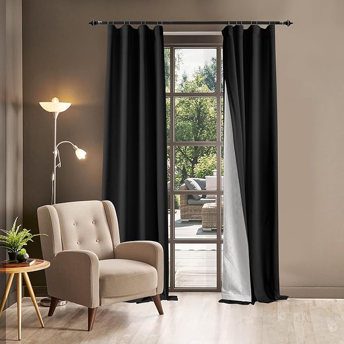 3-in-1 100% Blackout Curtains 90 Inches Long, Thermal Insulation, Soundproof Back Tab Drapes for Bedroom Living Room Sliding Glass Door, with Pin Hooks, Black 50x90Inch 1 Panel