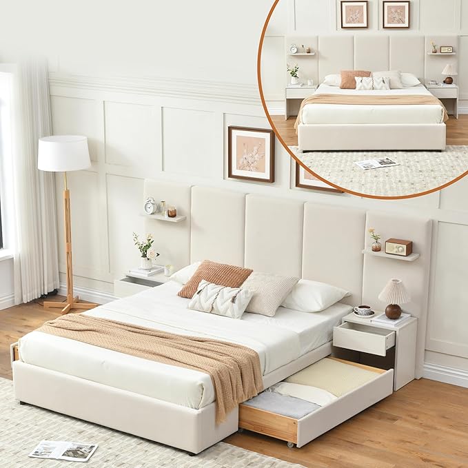 Queen Bed Frame with Storage & Built-in Nightstands, Velvet Upholstered Platform Bed Frame with Drawers & 2 Floating Storage Shelves, Noise-Free, No Box Spring Needed, Easy Assembly, Beige