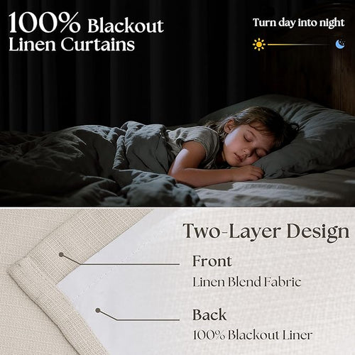 94 Inch Natural Blackout Linen Curtains 2 Panels Set for Bedroom Living Nursery Neutral Pinch Pleated 100% Black Out Thermal Insulated Cream Ivory Curtain for Energy Efficient Pinch Pleat Drape 40x94