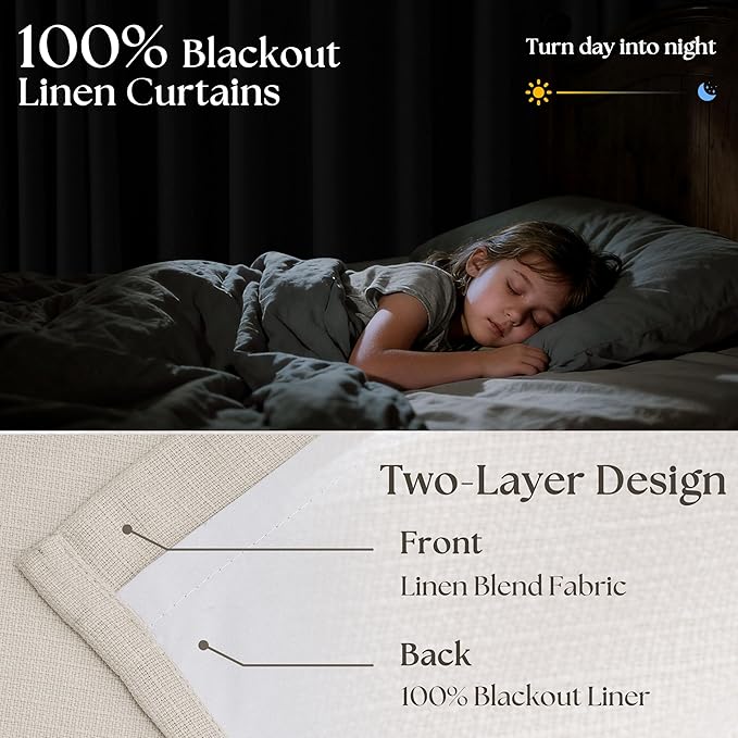 80 Inch Pinch Pleated Linen Black Out Curtains 2 Panels for Bedroom Living Room Cream 100% Blackout Curtains 80 Inches Long Pinch Pleat Dual Layer Drapes Cream Ivory Drapes for Dining Room Office