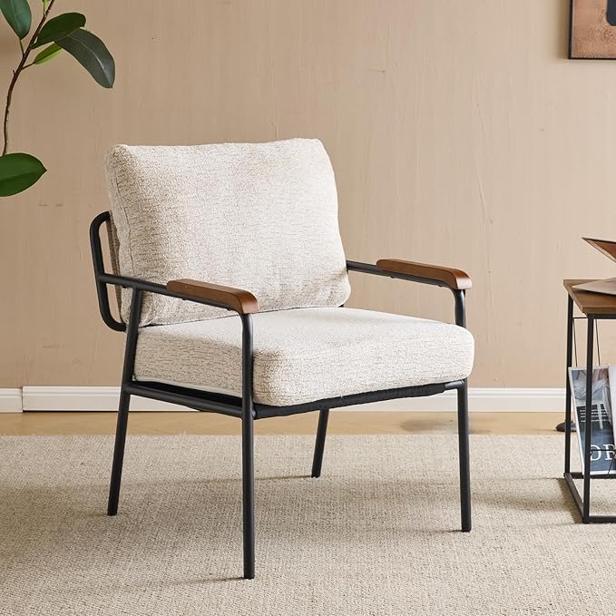 VINGLI Mid-Century Modern Accent Armchiar for Small Space, Small Comfy Upholstered Leisure Reading Chair with Wood Armrest for Bedroom, Living Room, Waiting Room, Linen Beige