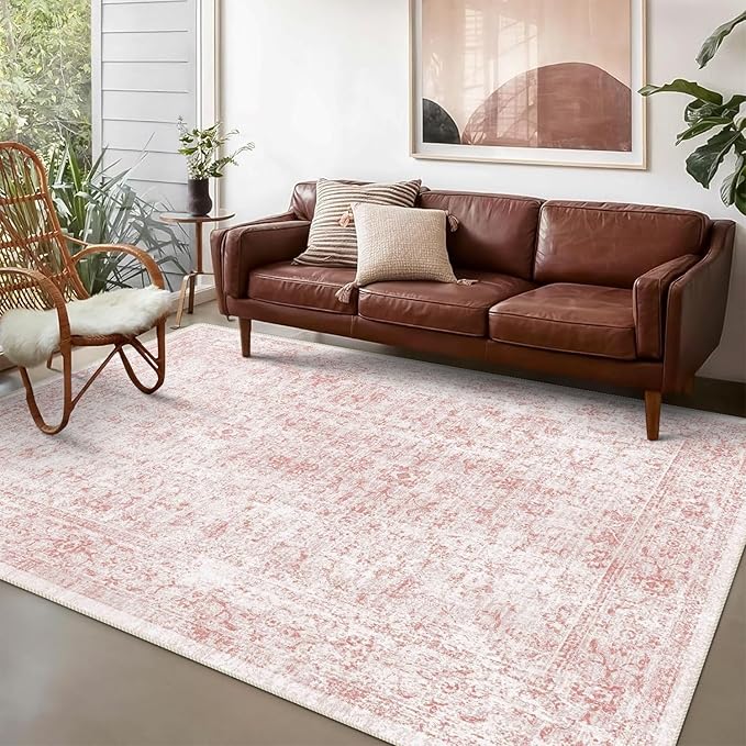 vivorug 5x7 Area Rugs - Ultra-Thin Washable Rug with Non-Slip Backing, Ideal for Living Room, Bedroom, Dining Room Indoor - Vintage, Easy Clean, Durable, Low Pile Rug Pink