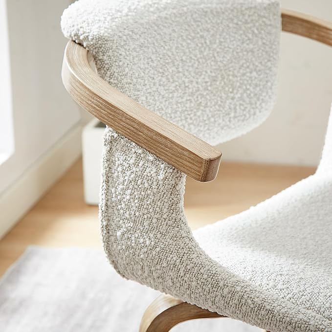 Art Leon Desk Chair No Wheels, Mid Century Modern Swivel Accent Chair, Boucle Fabric Home Office Desk Chair for Small Spaces Living Room Bedroom, White